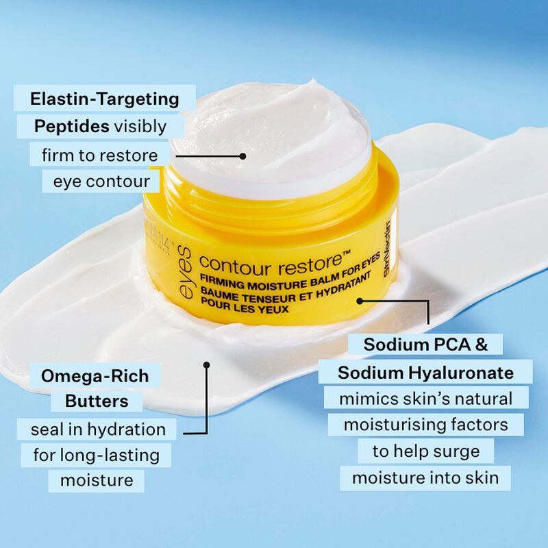 Elastin-Targeting Peptides visibly firm to restore eye contour, Sodium PCA & Sodium Hyaluronate mimics skin's natural moisturising factors and Omega-Rich Butters seal in hydration for long lasting moisture
